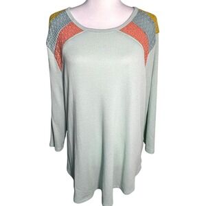 CES FEMME Womens 1X Long Sleeve Tunic Top Waffle Knit Colorblock Crochet Sweater